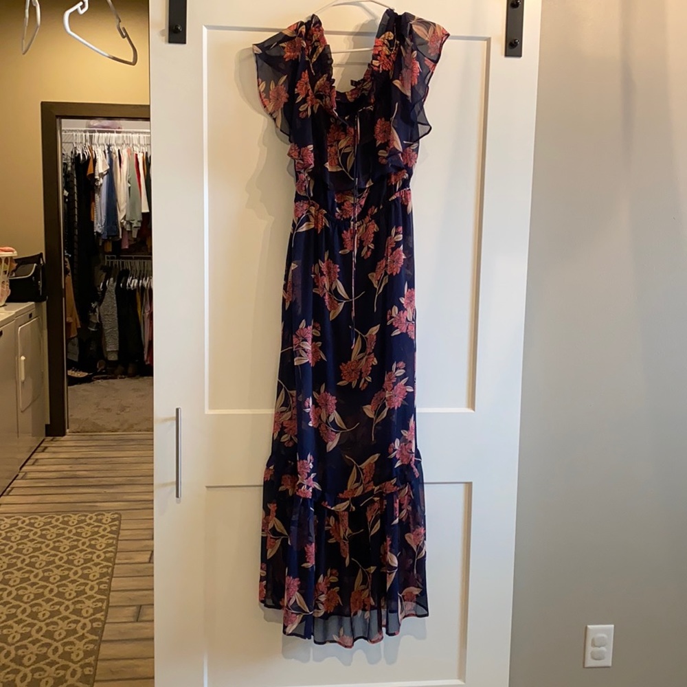 Navy and pink floral off the shoulder maxi dress